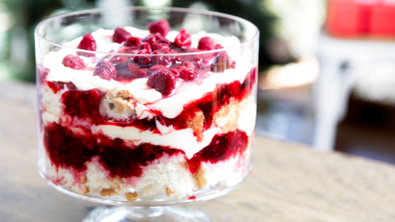 summer trifle with raspberries cream and cake